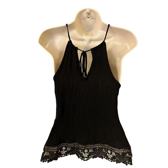 Ambiance Y2K Tank Top Womens Medium Black Plisse Crochet Hem Keyhole Neck - Picture 4 of 8